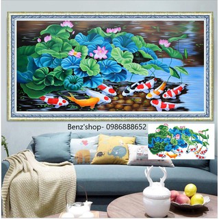 Tranh thêu chữ thập ( Giá sỉ) cửu ngư quần hội LV3043 - size: 100*55cm, thêu LV3274, tranh đá LV063 (120*65cm)