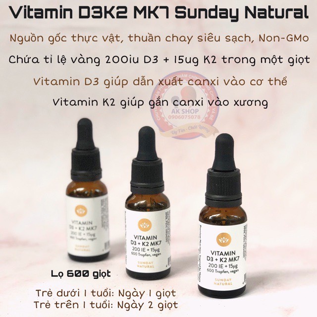 Vitamin D3K2 MK7 Sunday Natural 20ml ĐỨC chính hãng cho bé từ sơ sinh