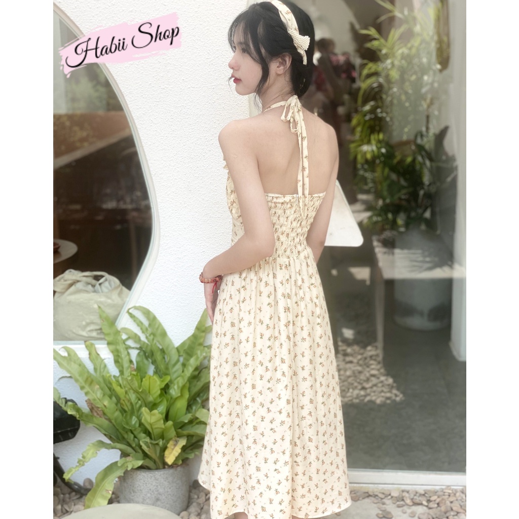 Set váy hoa nhí cổ yếm dáng dài kèm áo khoác cardigan croptop Ulzzang HABII V02