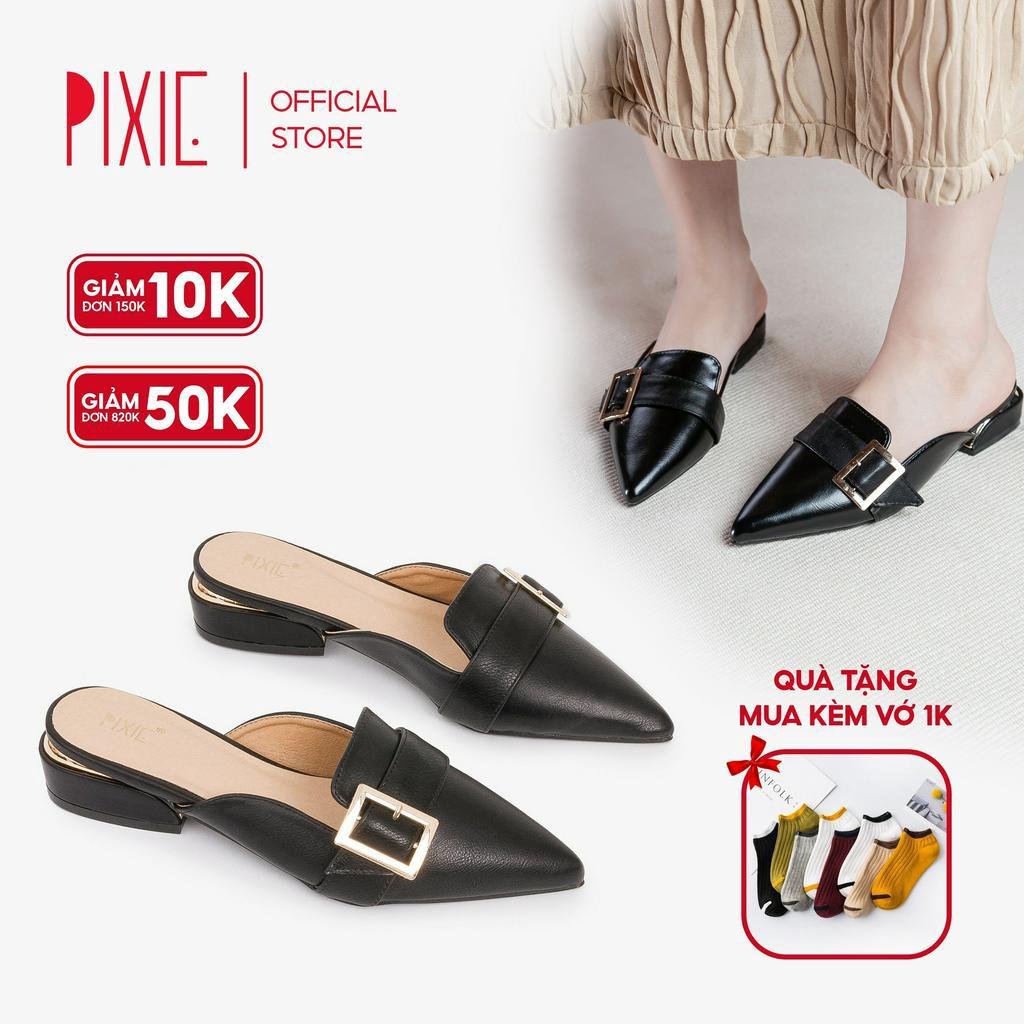 Dép Sục Bệt Mũi Nhọn Gắn Khóa Màu Đen Pixie P170