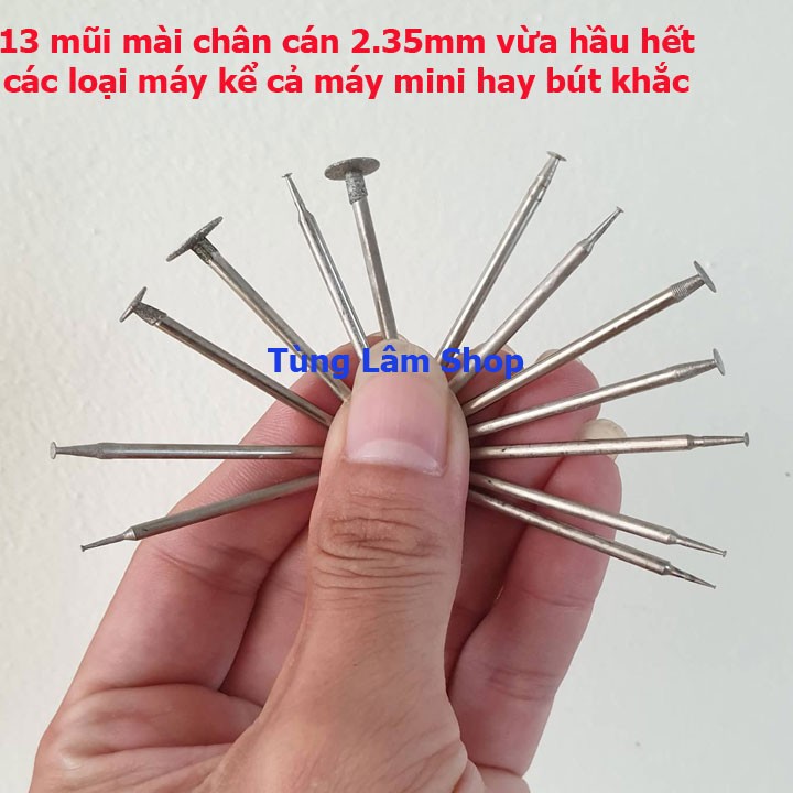 Bộ mũi mài khắc đá, khắc ngọc, mài rang sứ 13 chi tiết chân 2.35mm mũi tỉa tạo hình - mũi mài phủ kin cương đĩa tròn