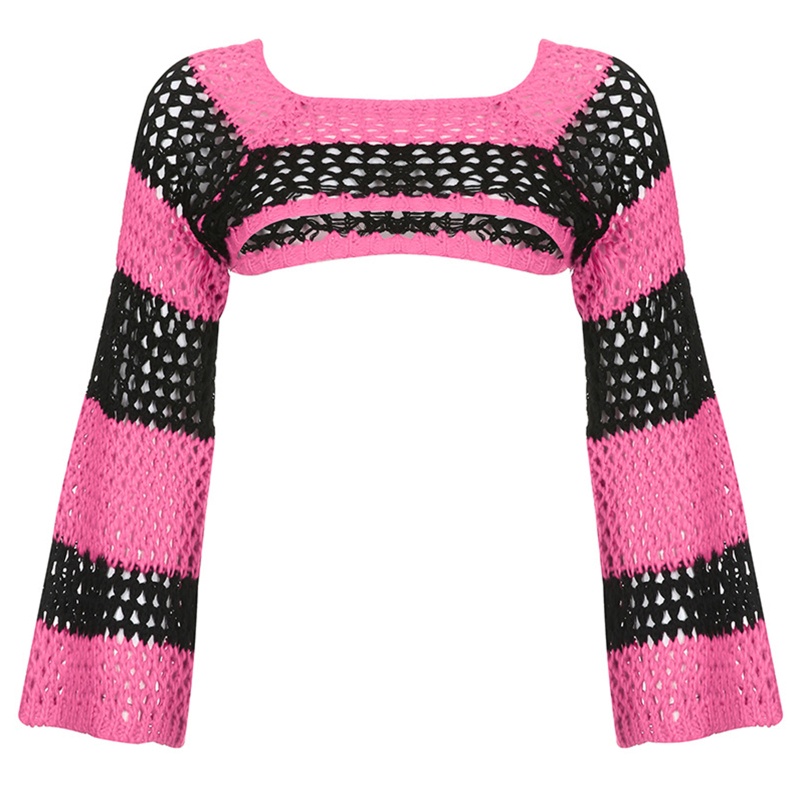 Xiangbao Áo Sweater Crop Top Dệt Kim Tay Dài Màu Sắc Tương Phản Đan Móc Hình Sọc Rỗng Cho Nữ C