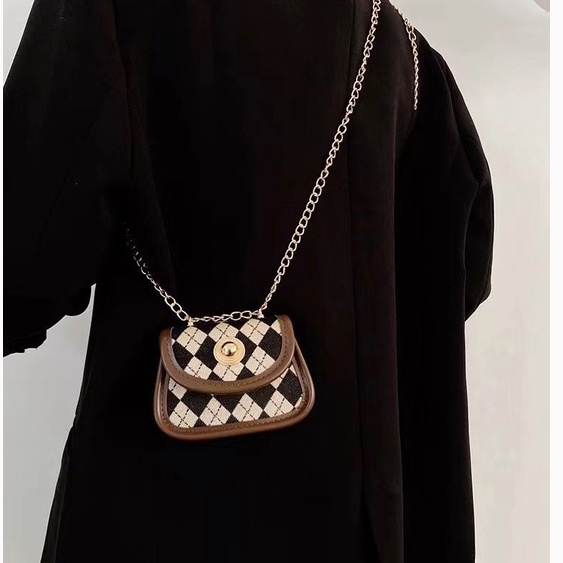 Túi đeo chéo mini dây xích caro túi hộp vuông cao cấp ins túi bao tử