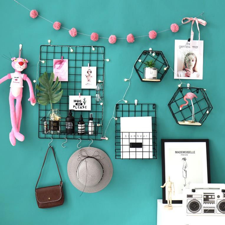 Khung lưới sắt khổ to chất liệu thép sơn tĩnh điện decor nhà cửa, trang trí phòng ngủ bàn học kèm đinh ghim 3 màu