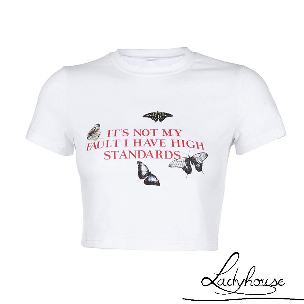 Áo Thun Crop Top Tay Ngắn Cổ Tròn In Họa Tiết Bướm Nhiều Màu Sắc Thời Trang Mùa Hè Dành Cho Nữ