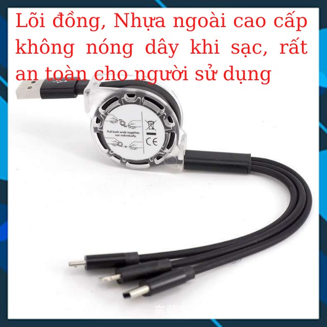 [ Tặng Giá Đỡ Điện Thoại ] Dây Sạc Điện Thoại 3 Đầu Kéo Rút Tiện Lợi Dây Sạc Iphone Android Type C Sạc Nhanh