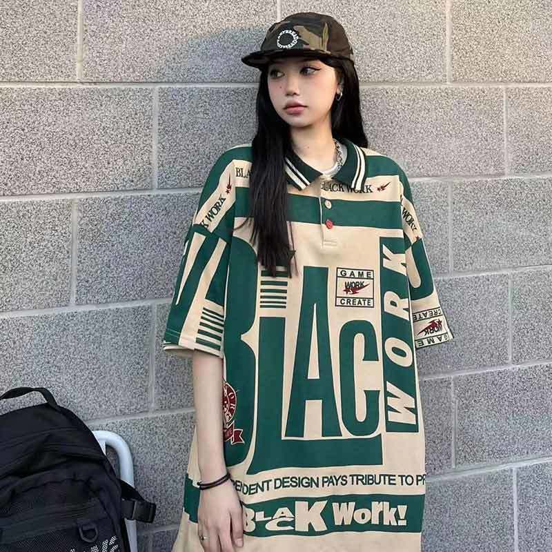 Áo Thun polo Plus Size Tay Ngắn Dáng Rộng Phong Cách Retro Mỹ Dễ Phối Đồ Dành Cho Nữ