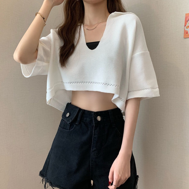 Áo Thun Croptop Dệt Kim Tay Ngắn Cổ V Xẻ Sâu Màu Trơn Thời Trang Mùa Hè Cho Nữ
