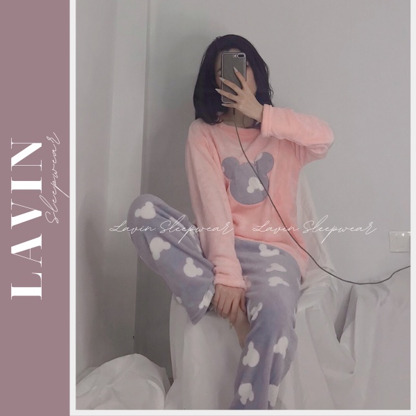 Bộ ngủ bông mịn LAVIN hình mặt gấu dễ thương