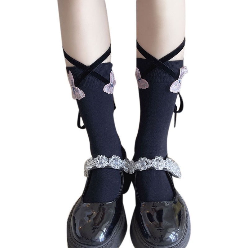 Vớ Cotton Cổ Thuyền Cột Dây Họa Tiết Bướm 3D Phong Cách Lolita Cho Nữ