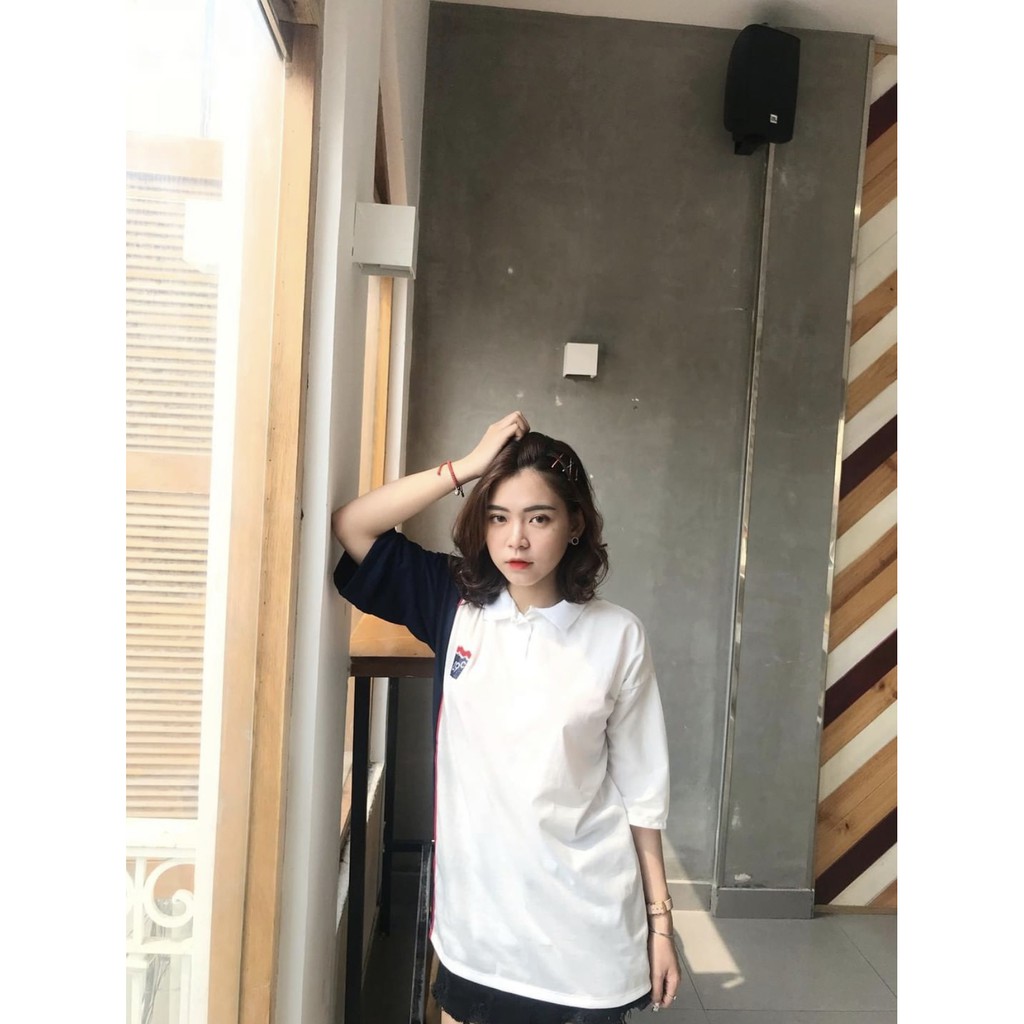 Áo polo nữ phong cách ULZZANG-UNISEX Áo thun polo form rộng phối tay lỡ thêu