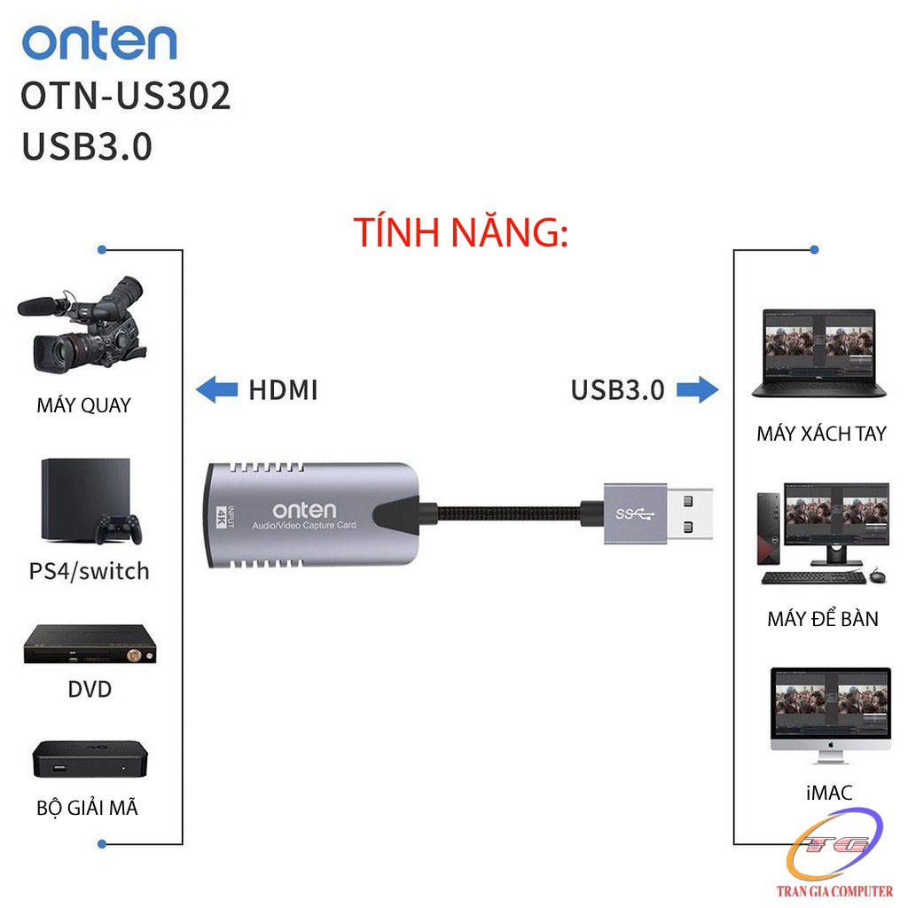 Cáp ghi hình HDMI sang USB 3.0 Onten OTN-US302- Hỗ Trợ Live Stream, Ghi Hình Từ Điện Thoại, Camera, PS4, XBO