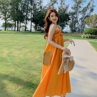  Đầm hai dây dáng rộng màu cam thời trang đi biển