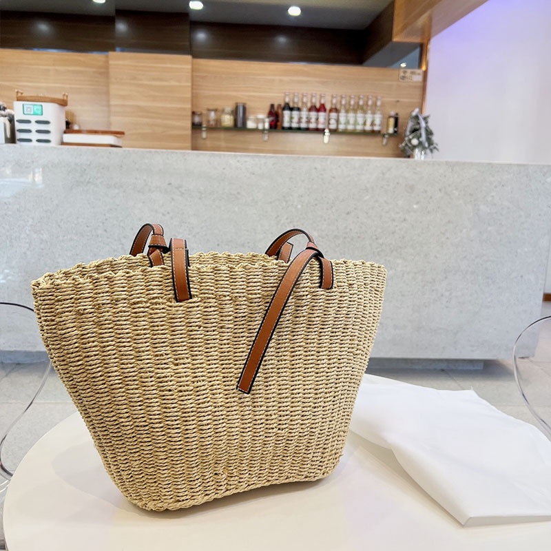 Túi cói cứng Tote đeo vai phối dây da - phụ kiện miếng gỗ
