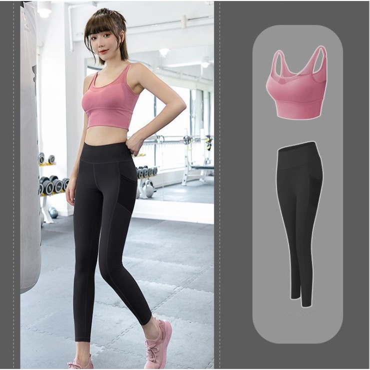 Set quần áo tập Gym Yoga nữ 2 món áo bra phối lưới &amp; quần legging có túi zip tiện dụng S033 GYM FASHION