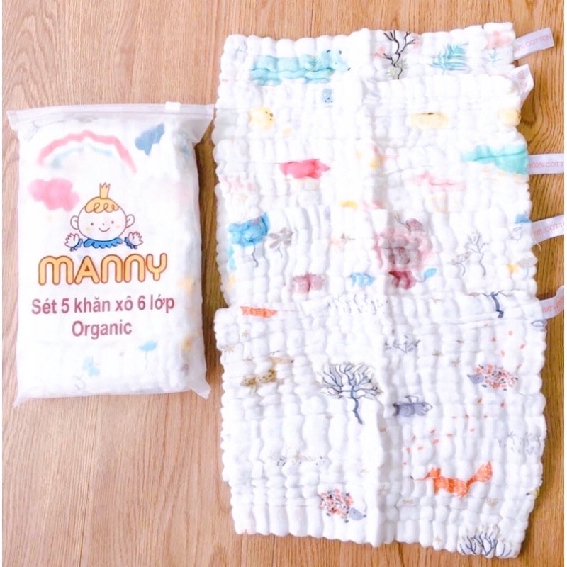 Sét 5 Khăn Mặt, Khăn Sữa Nhăn 6 Lớp Manny Cao Cấp