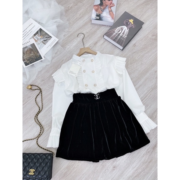 SET ÁO SƠ MI BÈO MIX CHÂN VÁY NHUNG DÁNG XOÈ SIÊU XINH | BigBuy360 - bigbuy360.vn