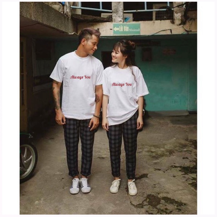 Áo Thun Phông Cặp Đôi Nam Nữ Ngắn Tay Cổ Tròn Màu Trắng Chất Vải Cotton Organic Alway U Diện Đôi Nhóm