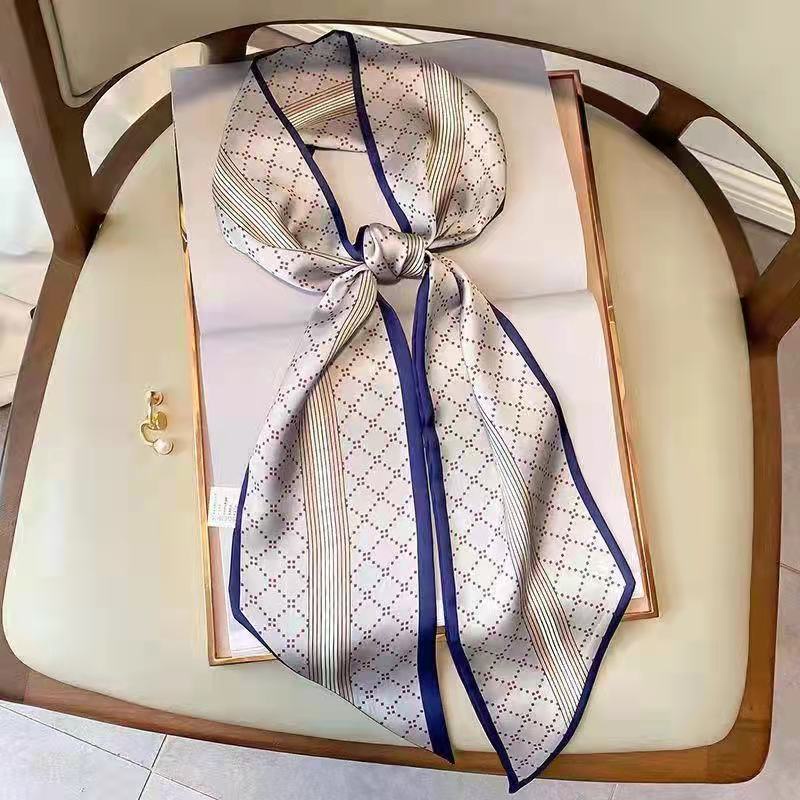 Khăn Choàng Cổ Dài Vải Lụa Họa Tiết Kẻ Sọc Phối Dây Ruy Băng Thắt Nơ Thời Trang Xuân Thu Cho Nữ