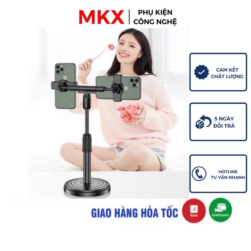 Chân Đế Kẹp Điện Thoại 2 Đầu Kèm Đèn Livestream Để Bàn Tiện Lợi Xoay 360 Độ Dùng Được Cho Iphone, Samsung