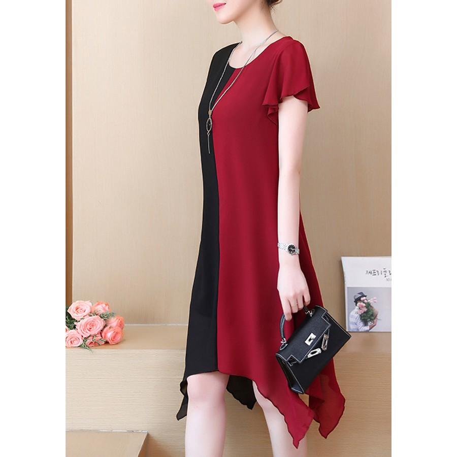 Đầm Suông Dạo Phố Kiểu Chữ A Trung Niên Phối Màu Đen Đỏ Tay Cánh Tiên GOTI 3027