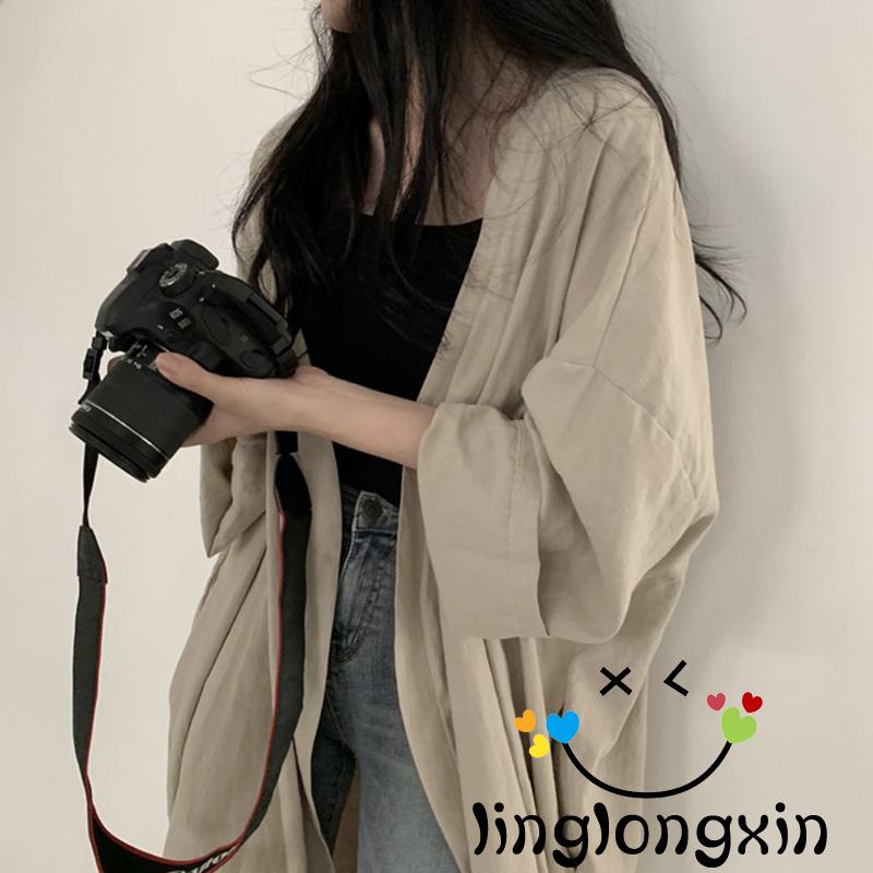 Áo Khoác Cardigan Tay Dài Dáng Rộng Màu Trơn Xẻ Tà Thời Trang Mùa Hè Cho Nữ Linglongxi2
