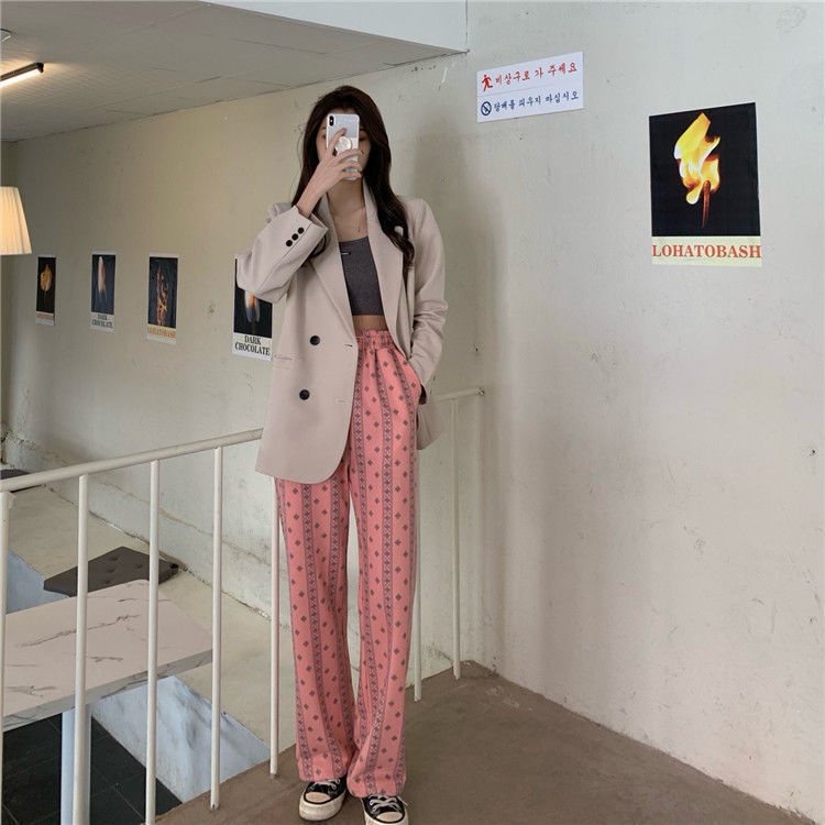 Happy-store  Quần dài ống rộng phong cách Hồng Hàn Quốc cá tính cho nữ