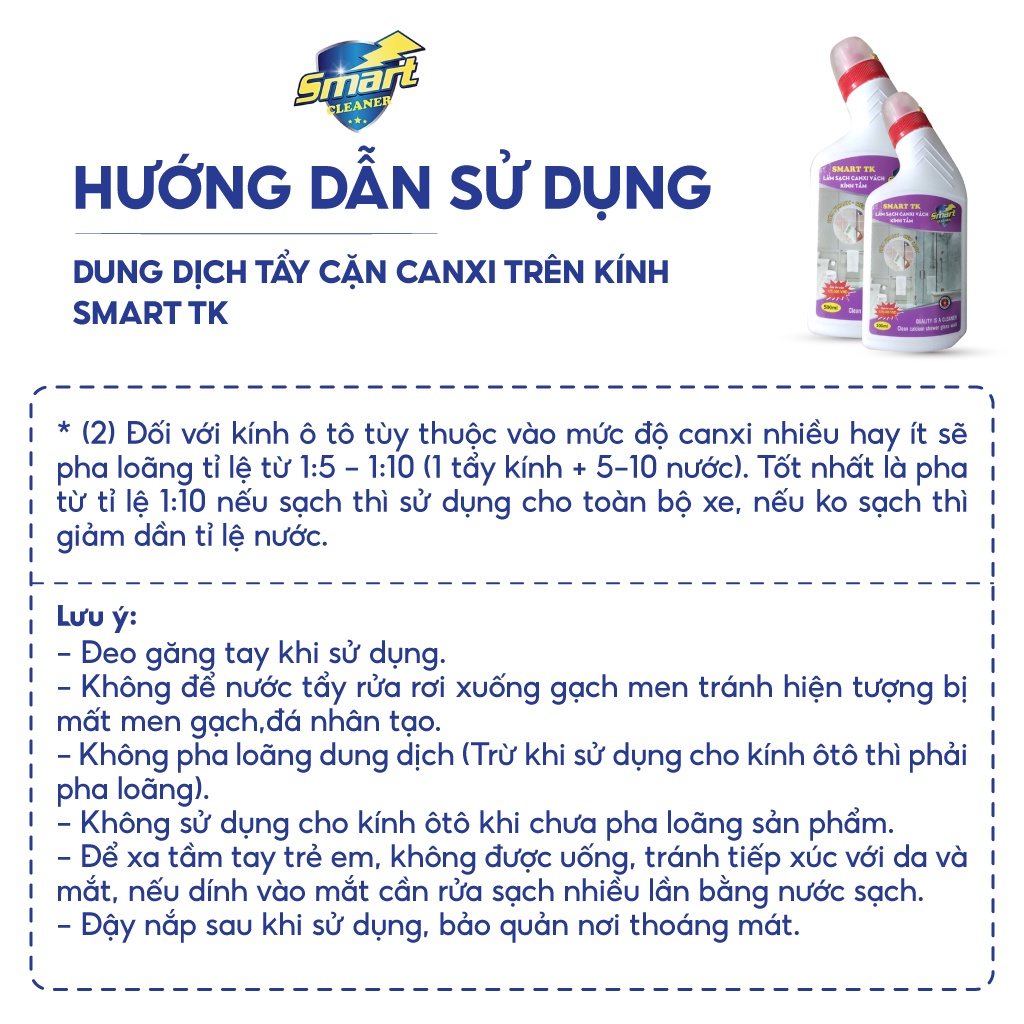 Combo 2 chai nước tẩy cặn canxi SMART TK vách kính nhà tắm 300/500ml