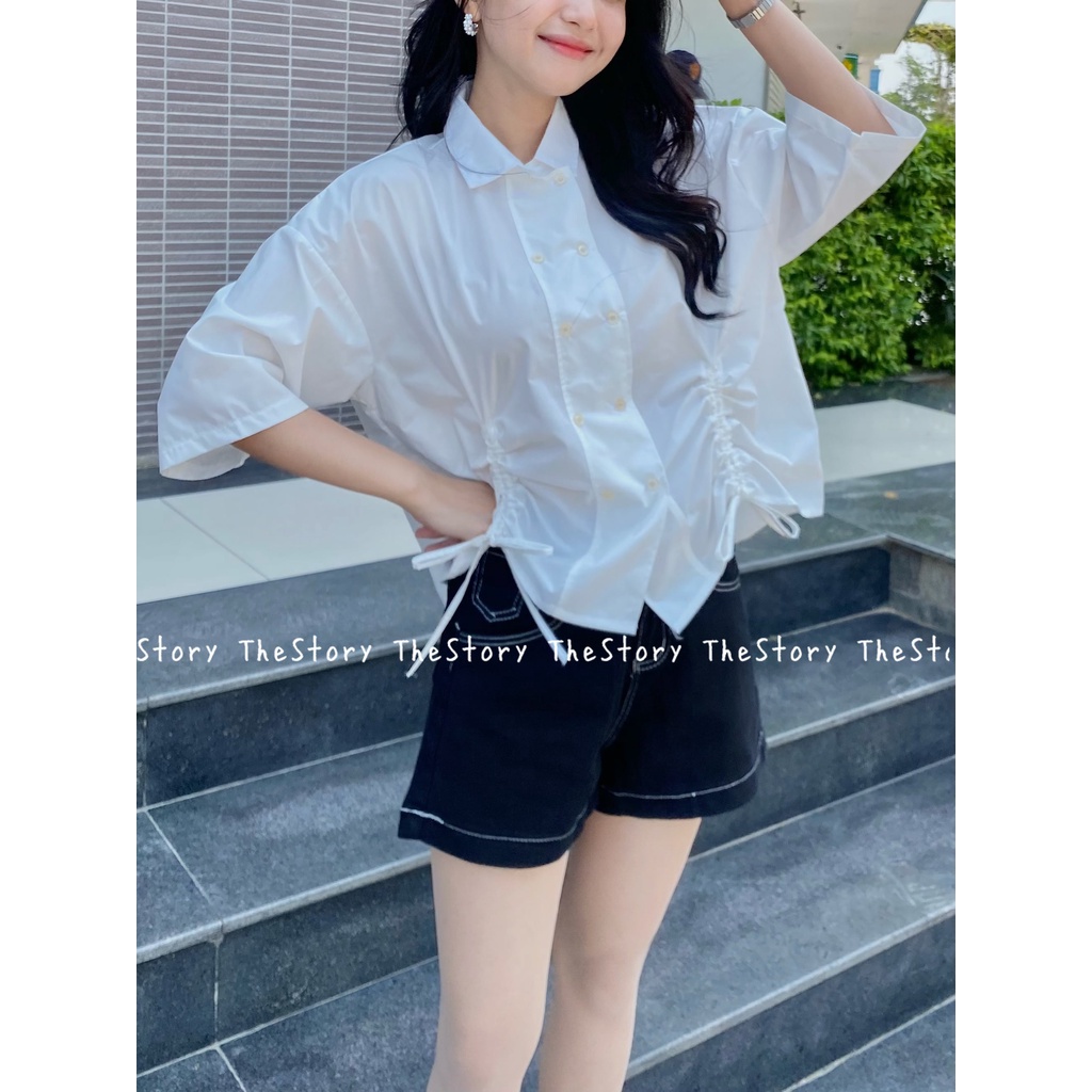 Áo sơ mi nữ tay ngắn rút dây  A2404