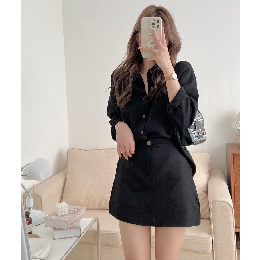 Set Sơ Mi Tay Dài Kèm Chân Váy Nhiều Màu Chất Đũi Thoáng Mát, Labibi