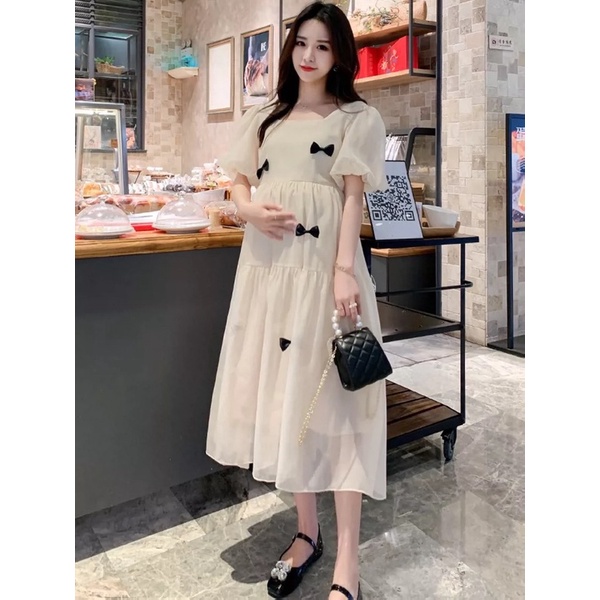 Đầm bầu tiểu thơ xinh xắn 2 lớp HOT TREND-Váy bầu babydoll dáng dài cổ vuông siêu xinh MinHa
