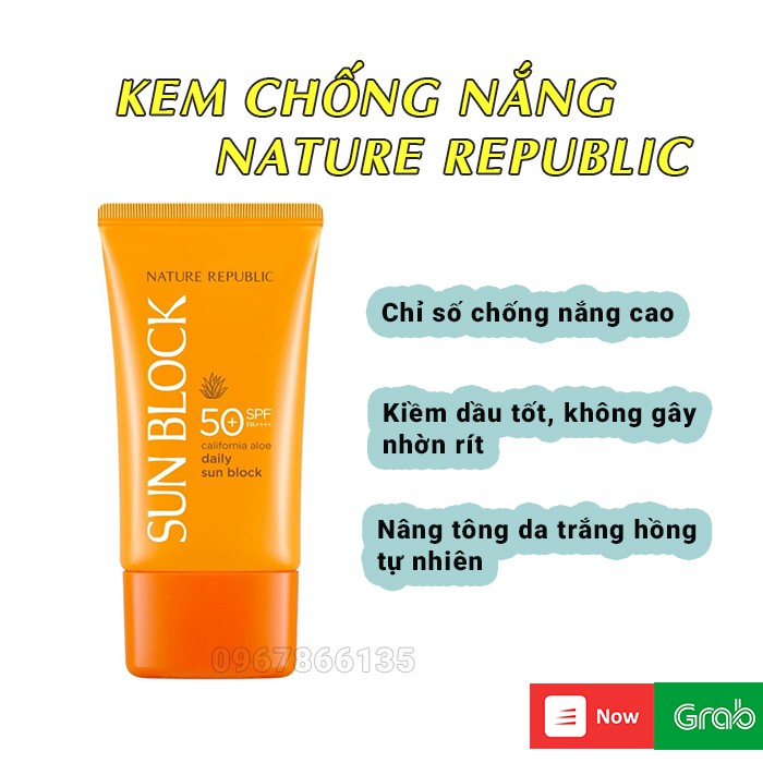 Kem chống nắng  nâng tông da kiềm dầu  NATURE  REPUBLIC Sunblock SPF50+ PA++++ 57ml không nhờn rít