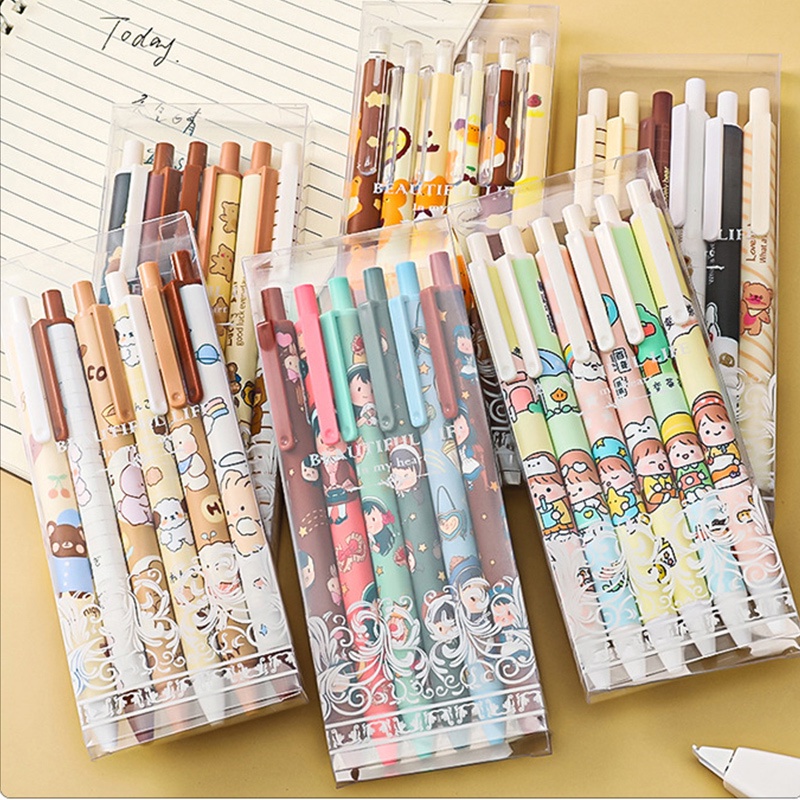 Hộp Bút Bấm 6 Bút Mực Cỡ Nhỏ Họa Tiết Hoạt Hình Dễ Thương Cho Học Sinh / Văn Phòng