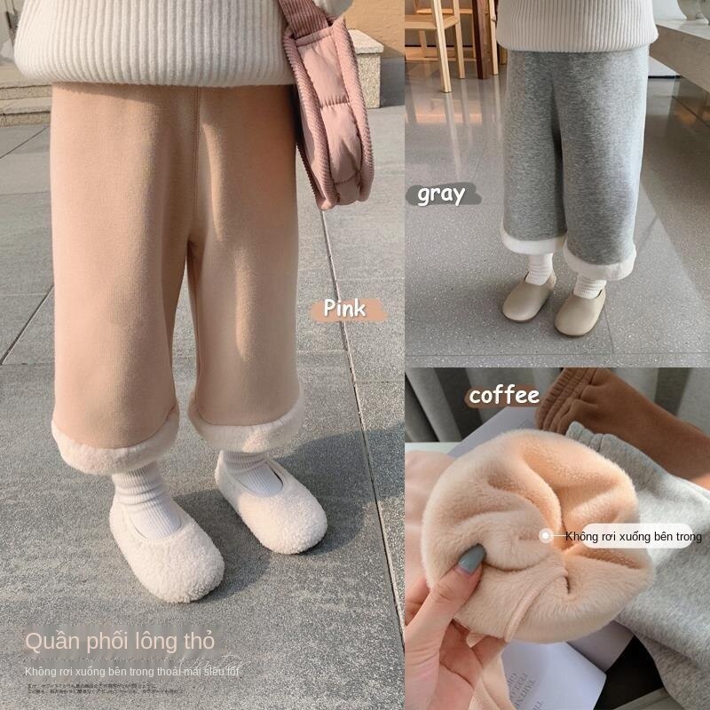 Quần dài ống rộng phối lông thời trang thu đông 2021 mới cho bé gái