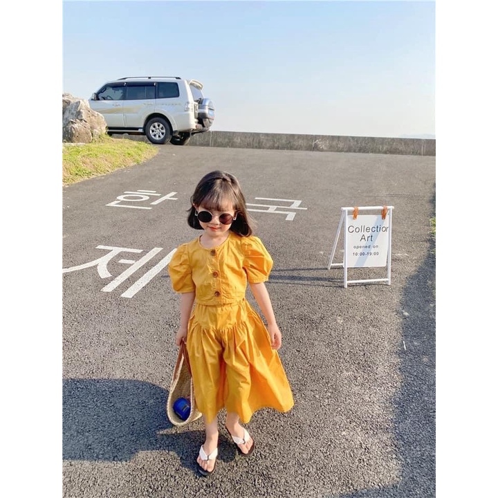 Set áo tay bồng quần ông sớ rộng xanh cốm và vàng XHN900