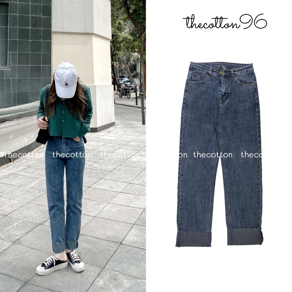 Quần bò nữ ống đứng lưng cao hàn quốc gấu lật hai màu quần jeans co giãn ullzang TheCotton