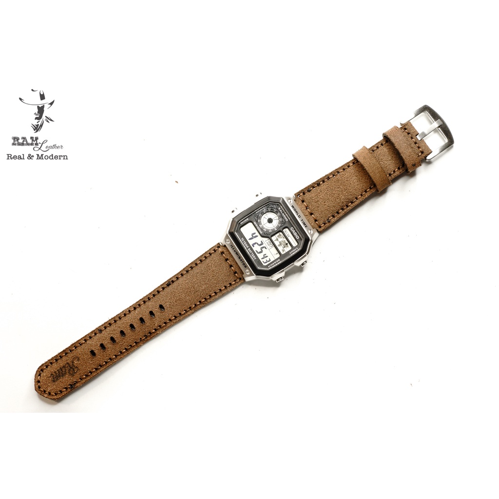 Dây đồng hồ RAM Leather 1960 cho CASIO 1200, AE 1200, 1300, 1100, A159 , A168 , Size 18 da bò lộn