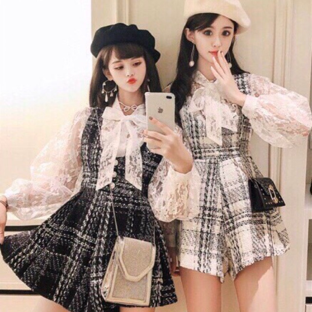 Set váy dạ kẻ dáng xoè cổ nơ kèm áo ren cực xinh