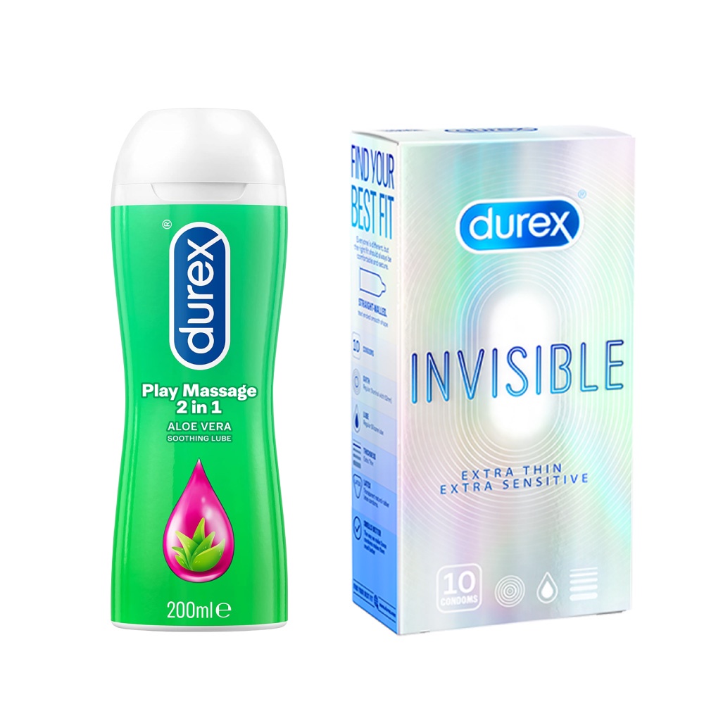 Bộ 1 hộp bao cao su Durex Invisible siêu mỏng (size 52mm, 10 bao/hộp) và 1 chai gel bôi trơn Durex Massage 2n1 200ml