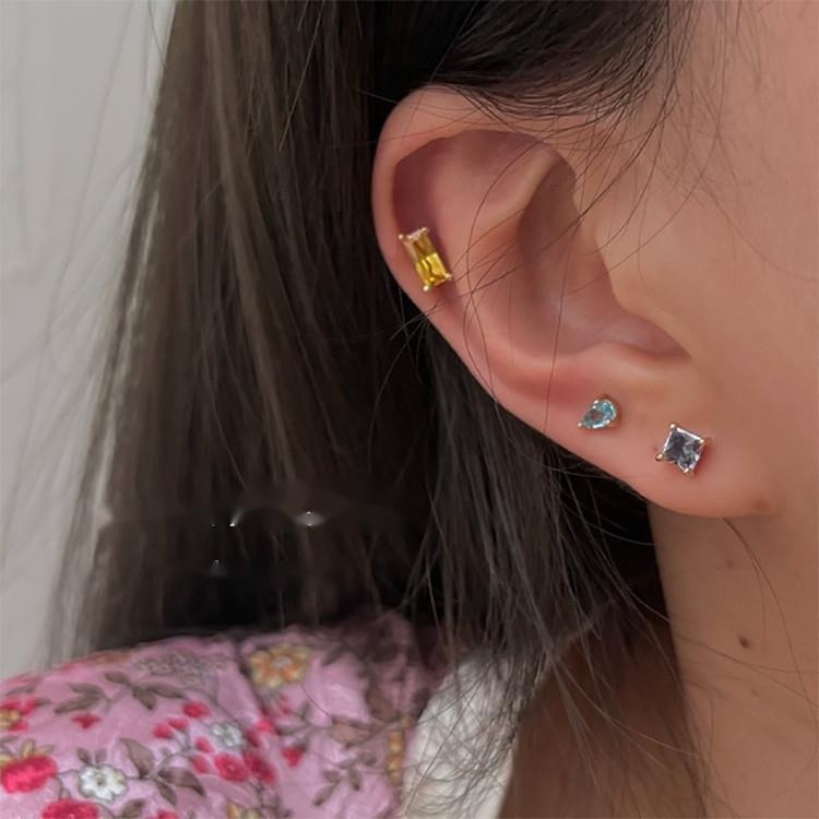 Bông Tai Hình Học Đính Đá Zircon Màu Cầu Vồng Phong Cách Retro Thời Trang