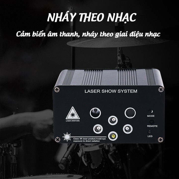 Đèn nháy theo nhạc 6 mắt laser chiếu 64 hình, đèn phòng bay chiếu ánh sáng laser có điều khiển từ xa.