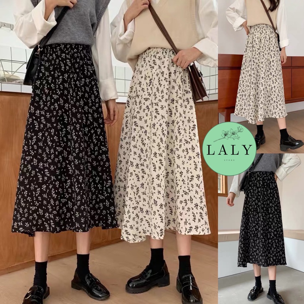 Chân váy dài hoa nhí cạp chun dáng suông vintage ulzzang LALY CV01