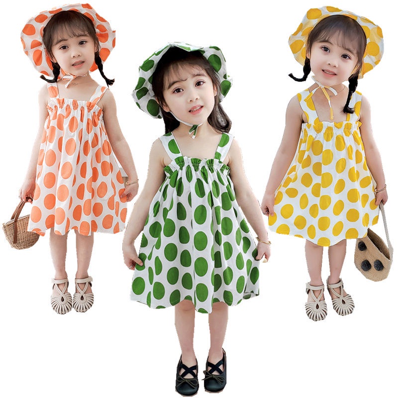 Bộ Đầm Yếm + Mũ Dễ Thương Phong Cách Hàn Quốc Thời Trang Đi Biển Mùa Hè Cho Bé Gái 1-4 Tuổi