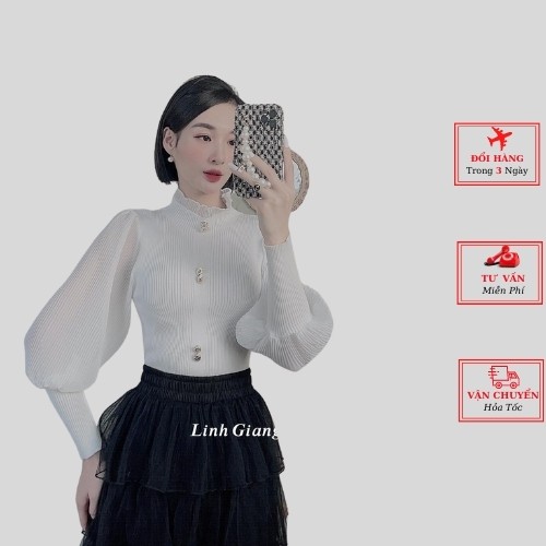 Áo len nữ công sở tay bồng tiểu thư cúc ngọc ulzzang Hàn Quốc phong cách bánh bèo