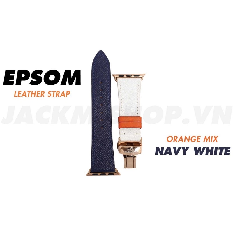 [BẢO HÀNH 1 NĂM] Dây Da EPSOM may tay thủ công màu Trắng/Xanh Navy khóa Bướm cho Apple Watch series 1/2/3/4/5/6/7