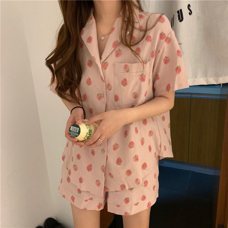 Bộ đồ ngủ ngắn tay in họa tiết dễ thương phong cách Hàn Quốc thời trang cho nữ