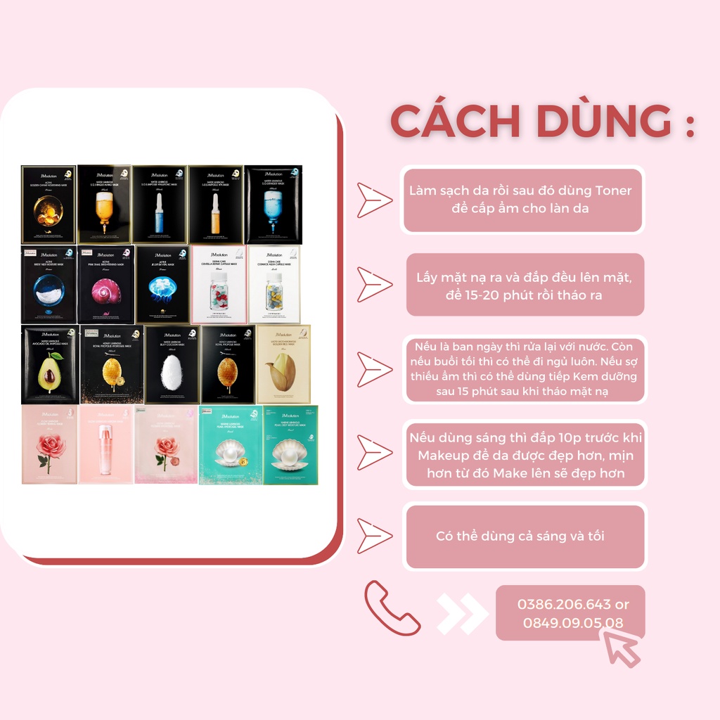 Mặt Nạ Giấy Dưỡng Da Hàn Quốc Cấp Ẩm, Dưỡng Trắng, Hồi Phục Da, Giảm Mụn, Mờ Thâm JM solution Mask 30ml MN1794
