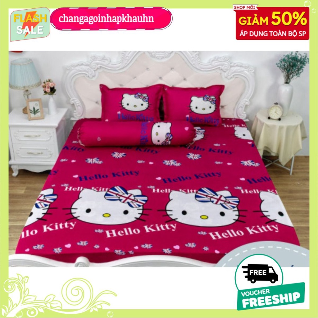 Bộ ga gối kèm vỏ gối ôm 1m8x2m,vải poly cotton-chọn trên 50 mẫu-mẫu hello kitty cờ anh