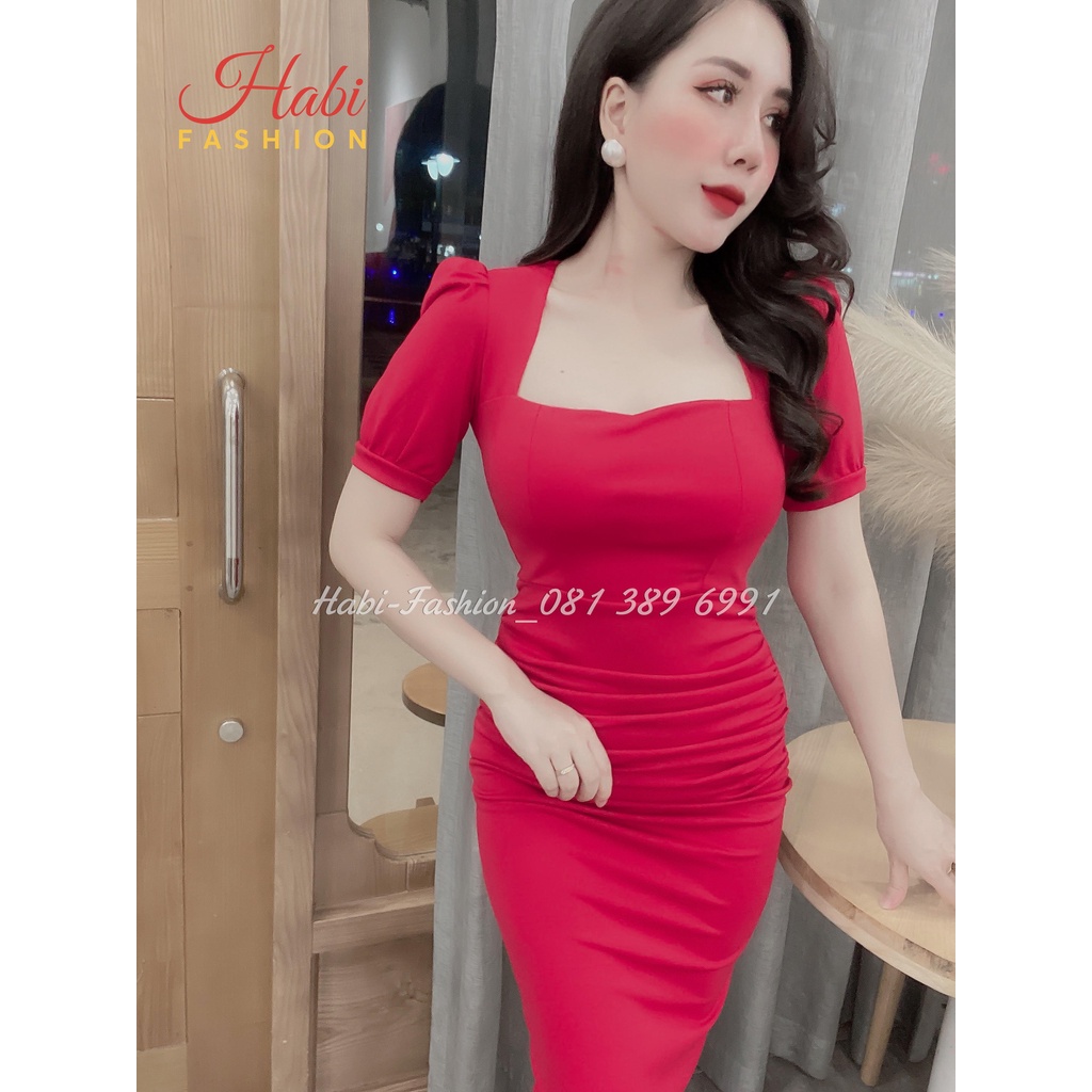 Đầm body sexy sang chảnh chất ngất, váy đầm body nữ thiết kế cao cấp cổ vuông tay bồng chất umi, đã có mút ngực