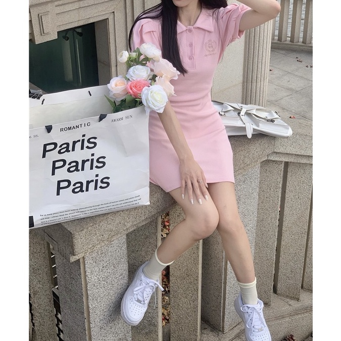 Đầm ZHELIHANGFEI tay ngắn cổ polo màu hồng dáng ôm thời trang mùa hè xinh xắn dễ thương cho nữ